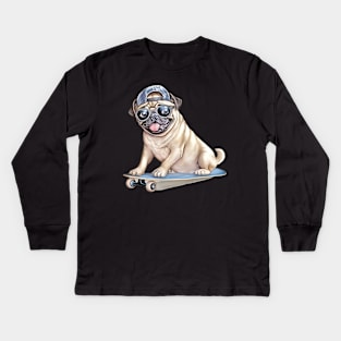 Pug Dog on Skateboard Kids Long Sleeve T-Shirt